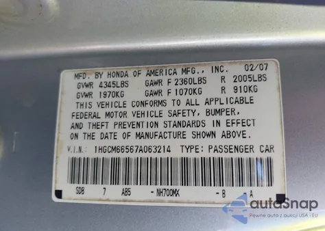 2007 Honda Accord 3.0 Ex из США, поврежденный, VIN 1HGCM66567A063214